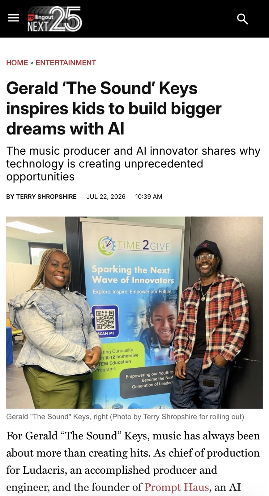 Rolling Out article about Gerald Keys inspiring kids with AI
